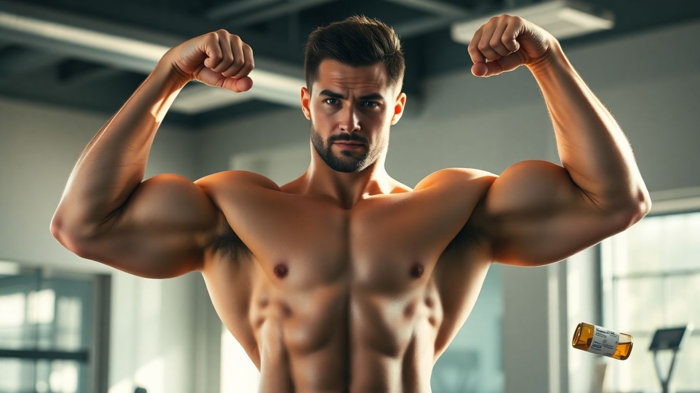 Bodybuilder with defined muscles, gym background, performance enhancement hint.