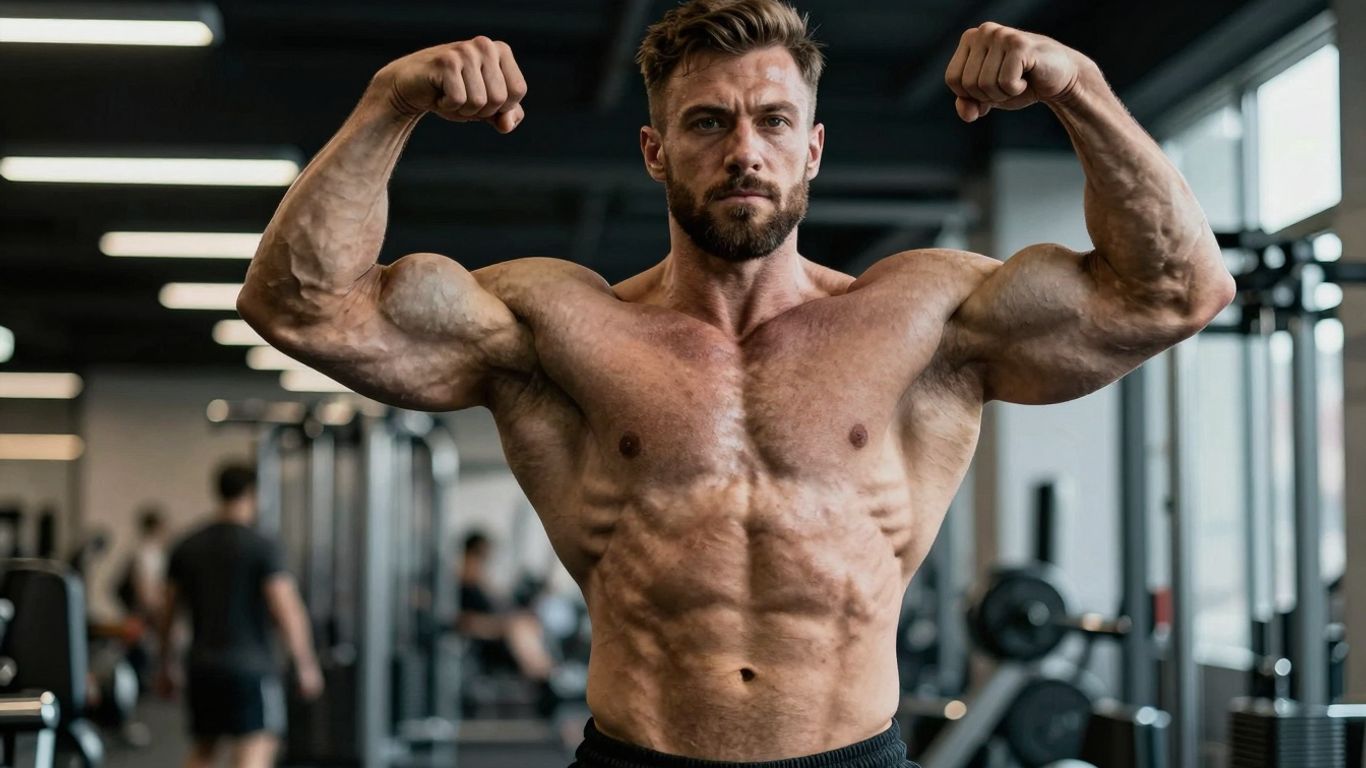 Bodybuilder with balanced physique in gym