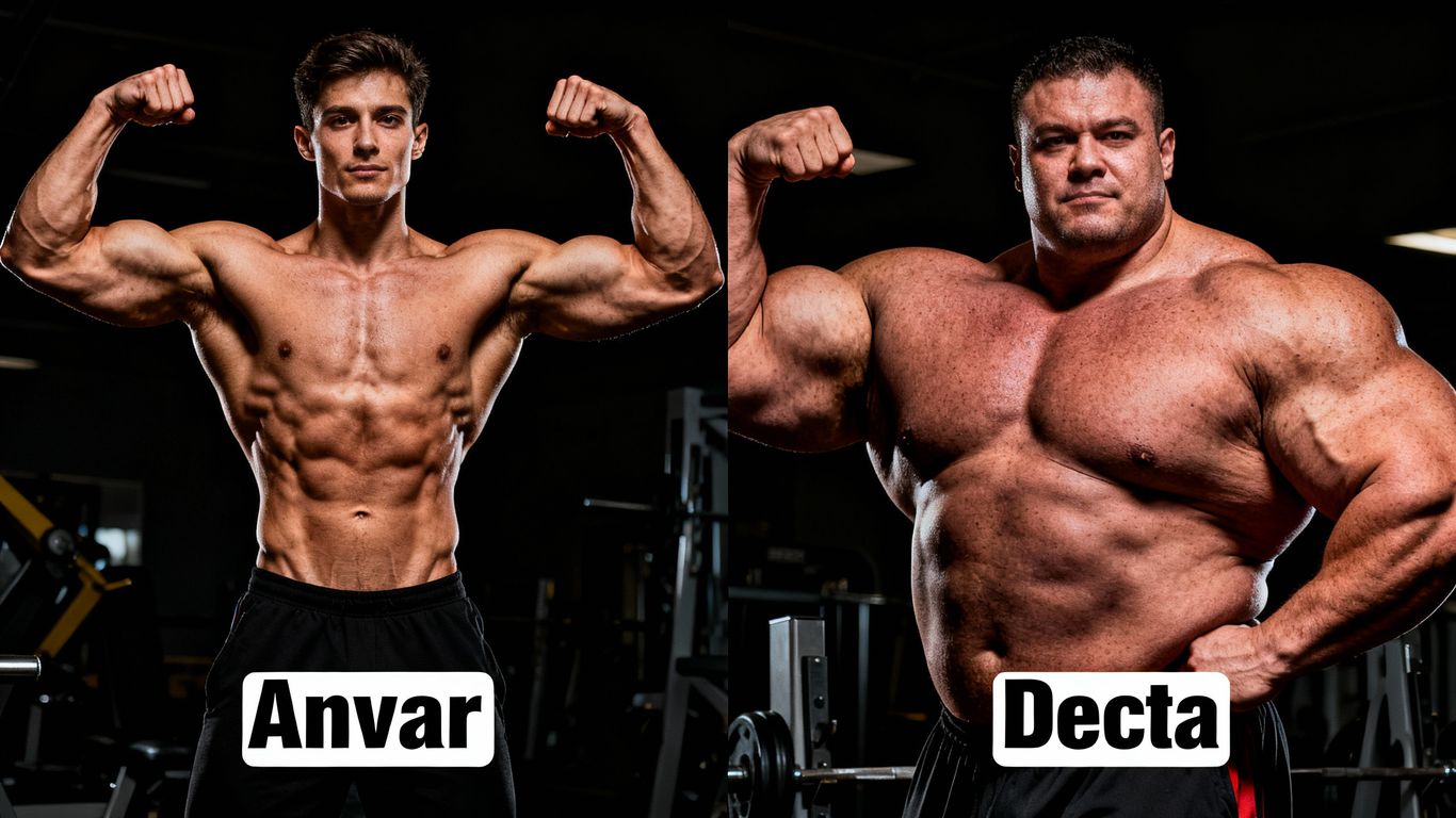 Muscular bodybuilders comparing Anavar and Deca physiques.