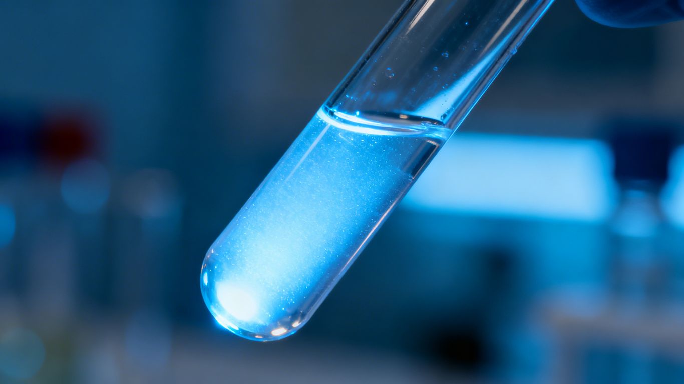 PE-22-28 peptide research vial with blue glow.