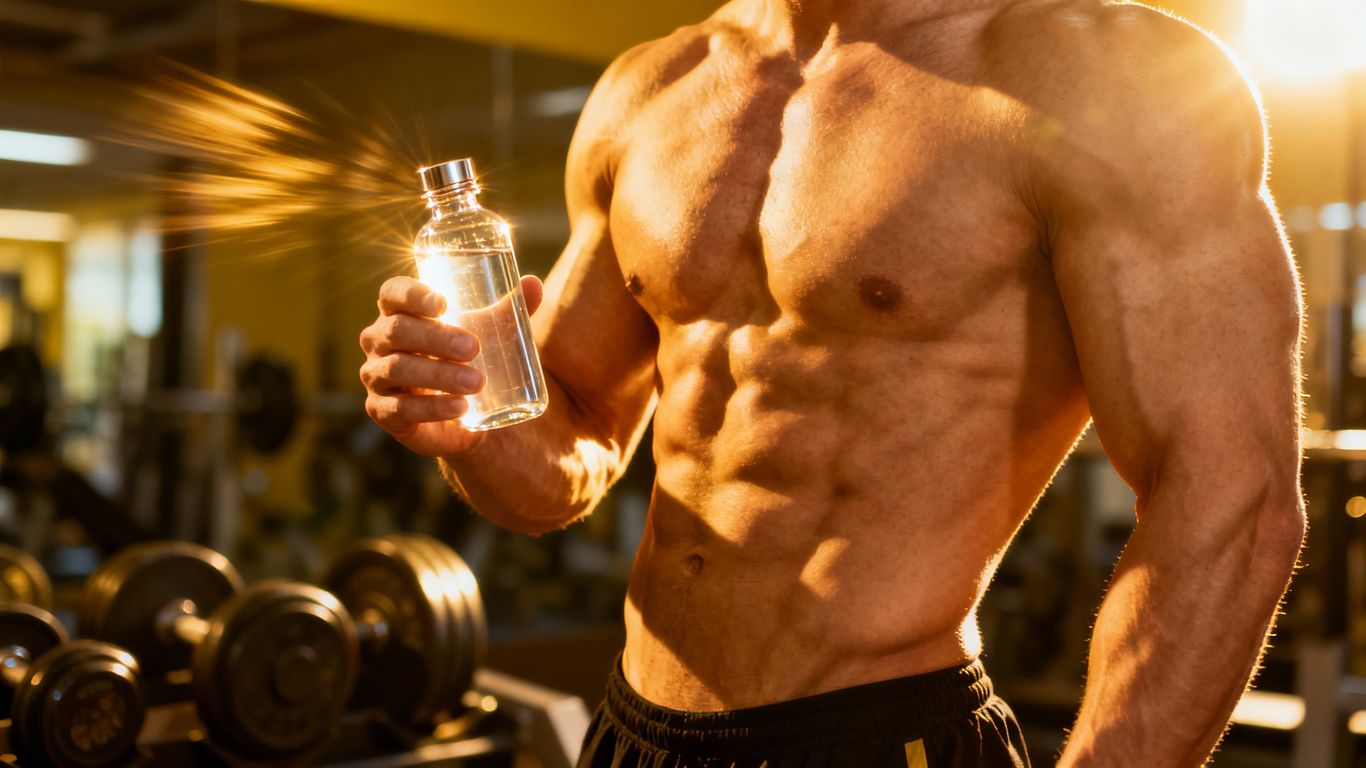 Bodybuilder with MOTS-c vial in gym