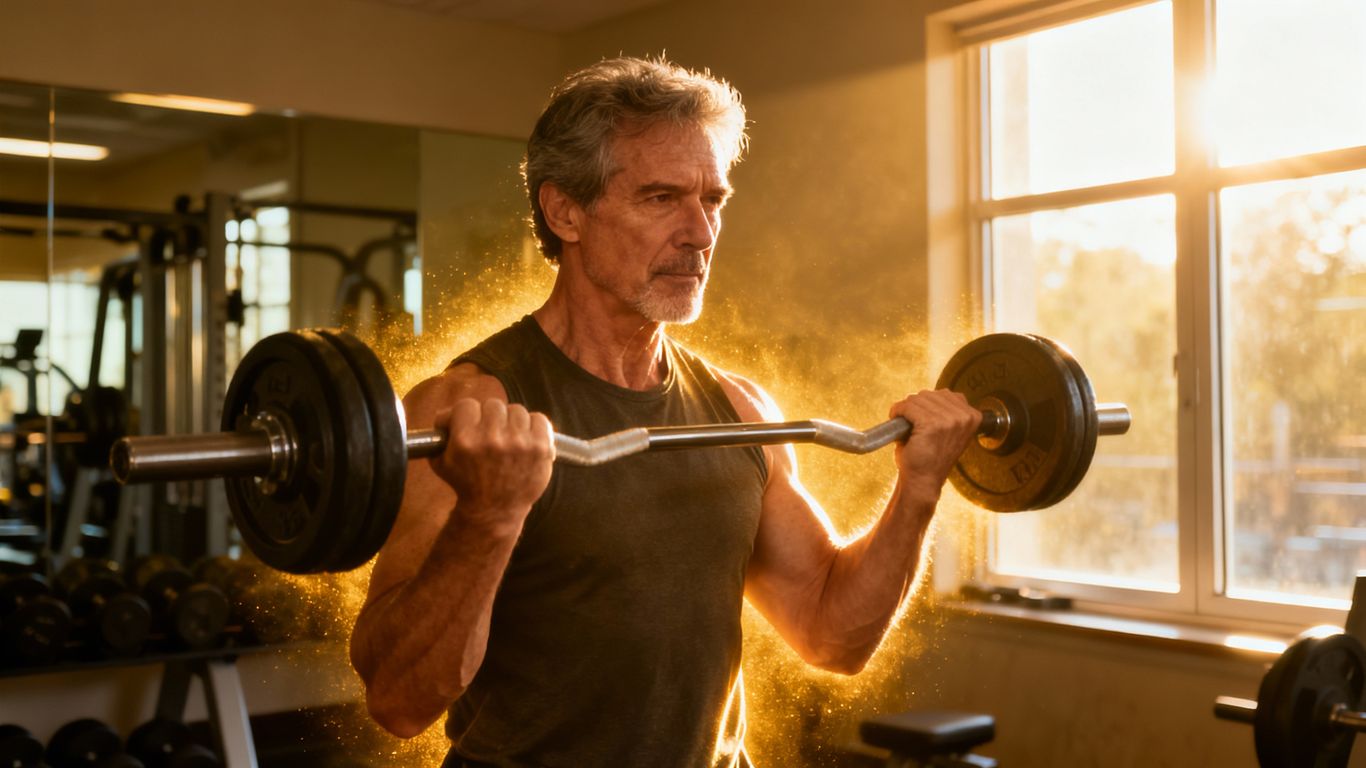 Man lifting weights, symbolizing health and vitality.
