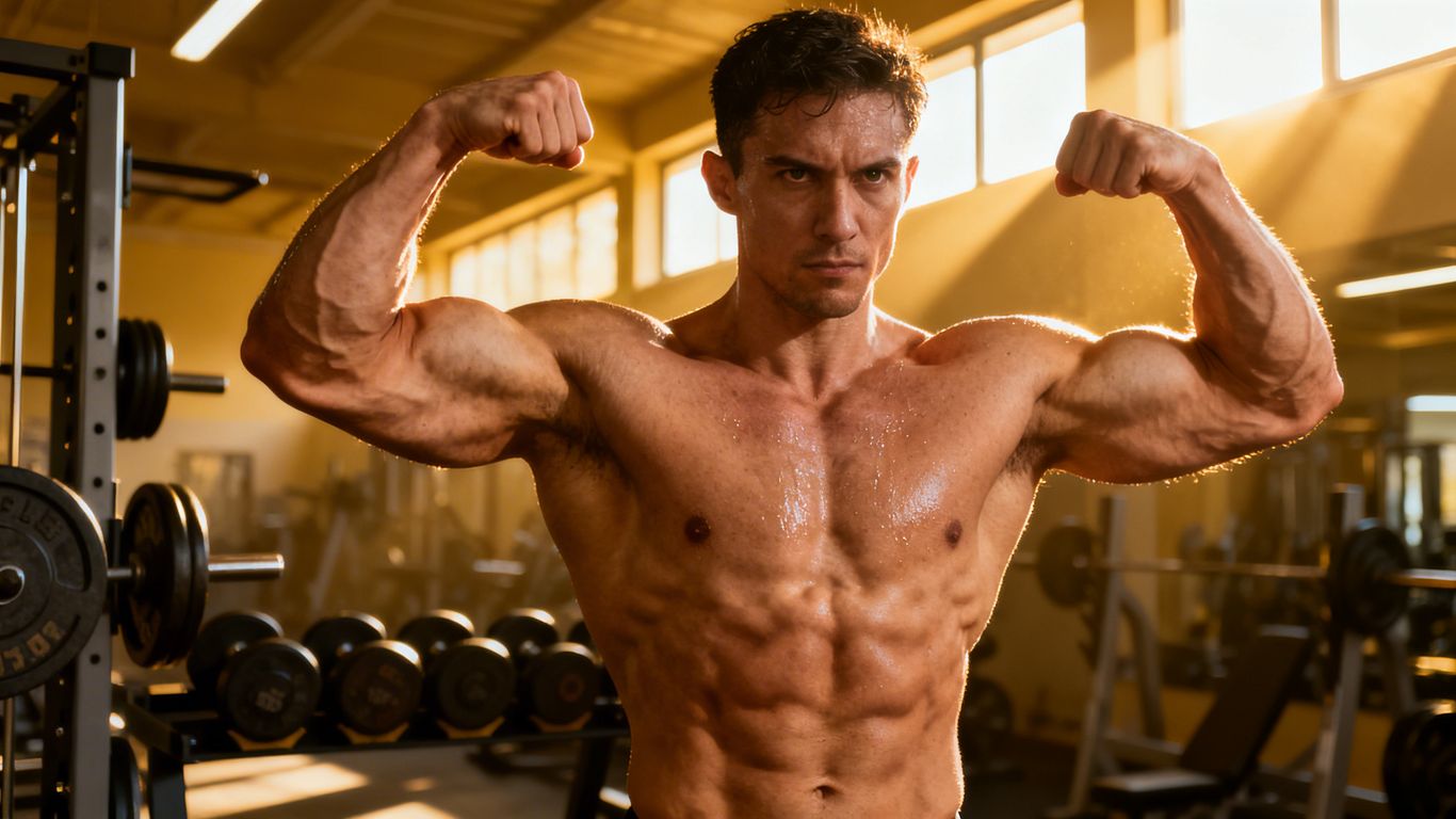 Muscular bodybuilder in gym, lifting weights.