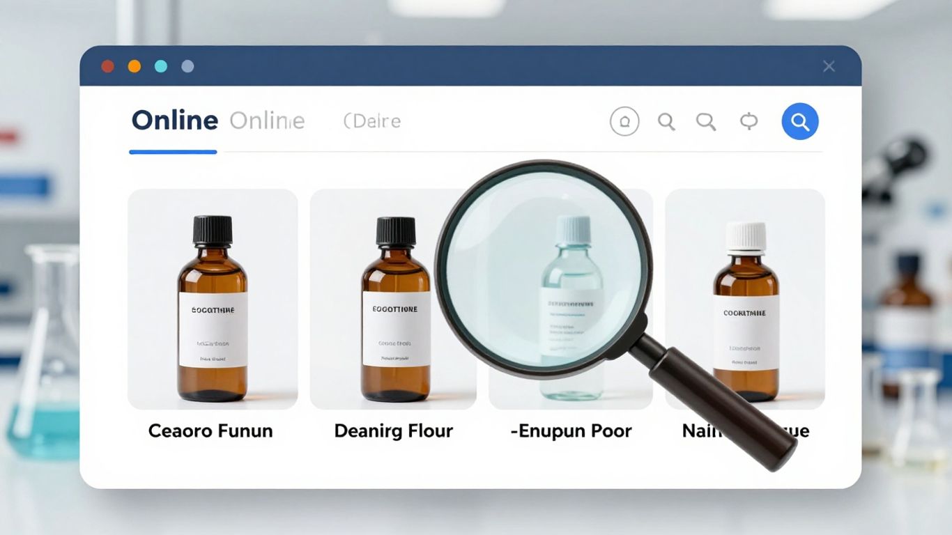 Online store interface with SARMs bottles and magnifying glass.