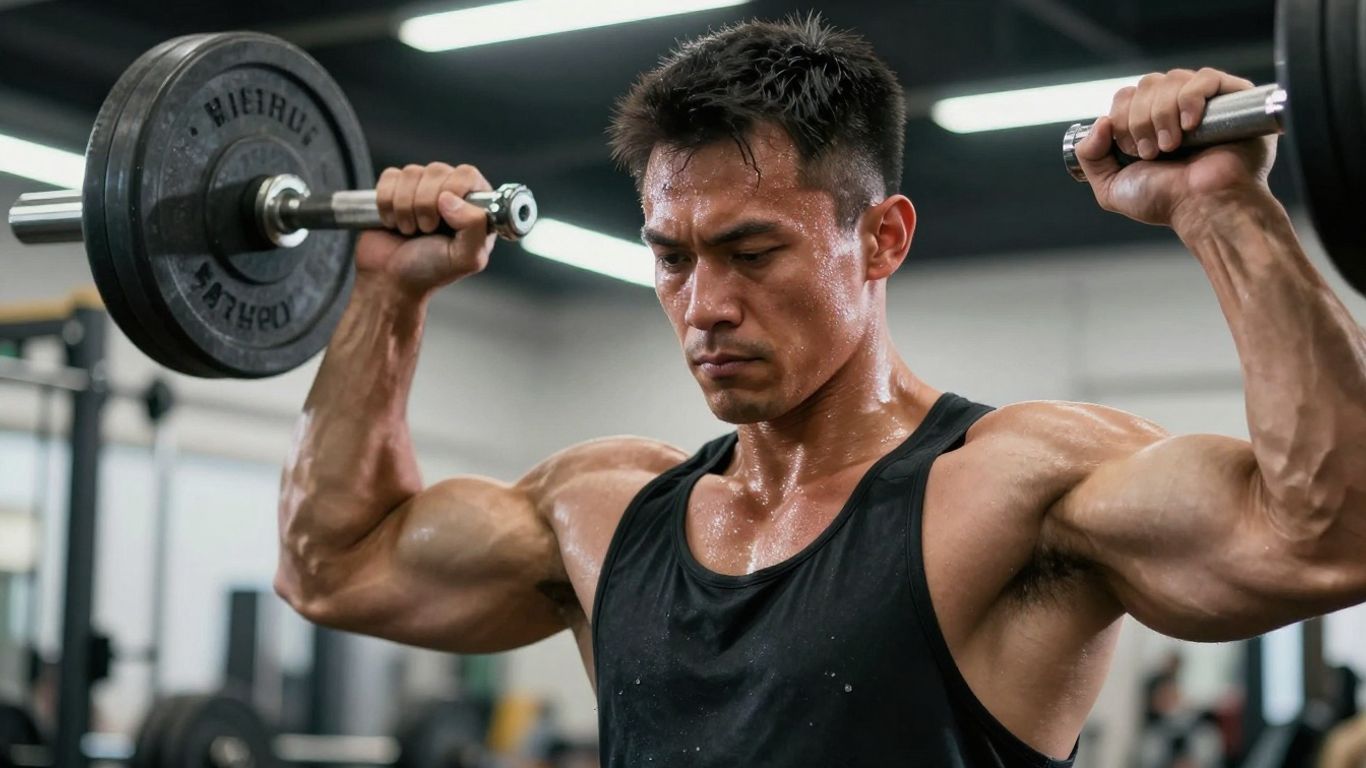 Powerlifter flexing muscles in a gym.