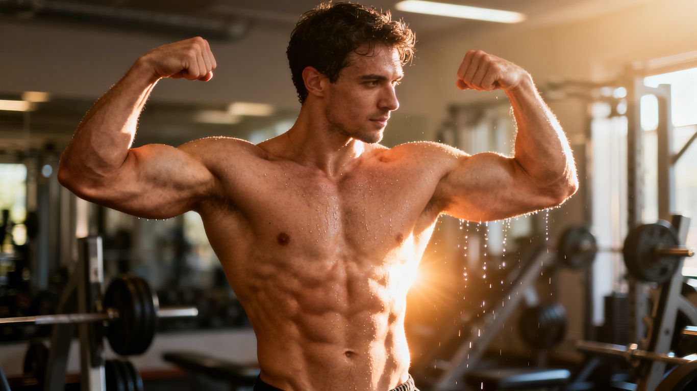 Muscular man flexing, optimized performance, Deca and Test stack