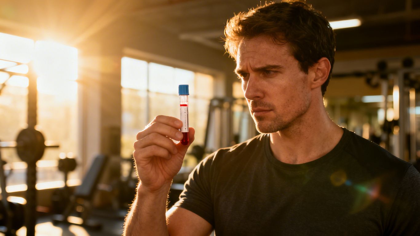 Man with blood vial, gym background, sunlight.