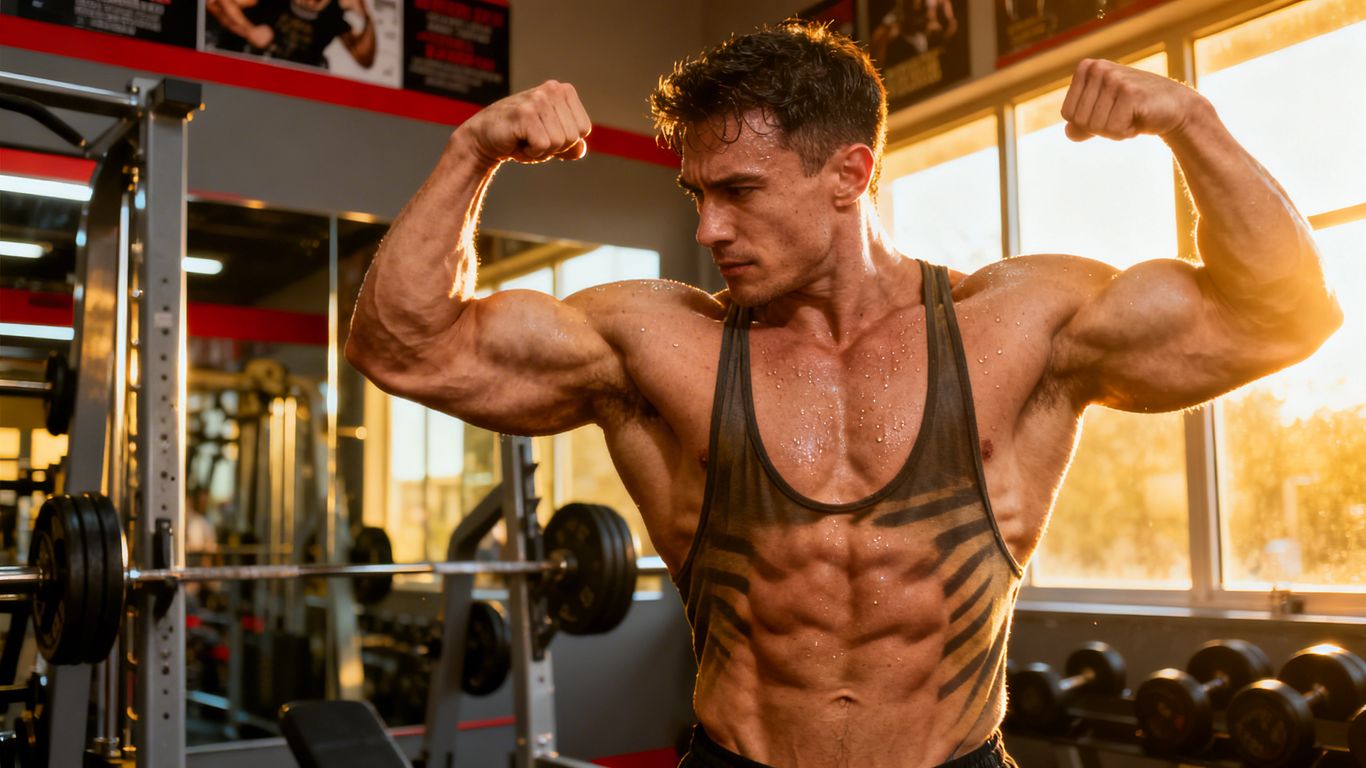 Muscular bodybuilder flexing in a gym.