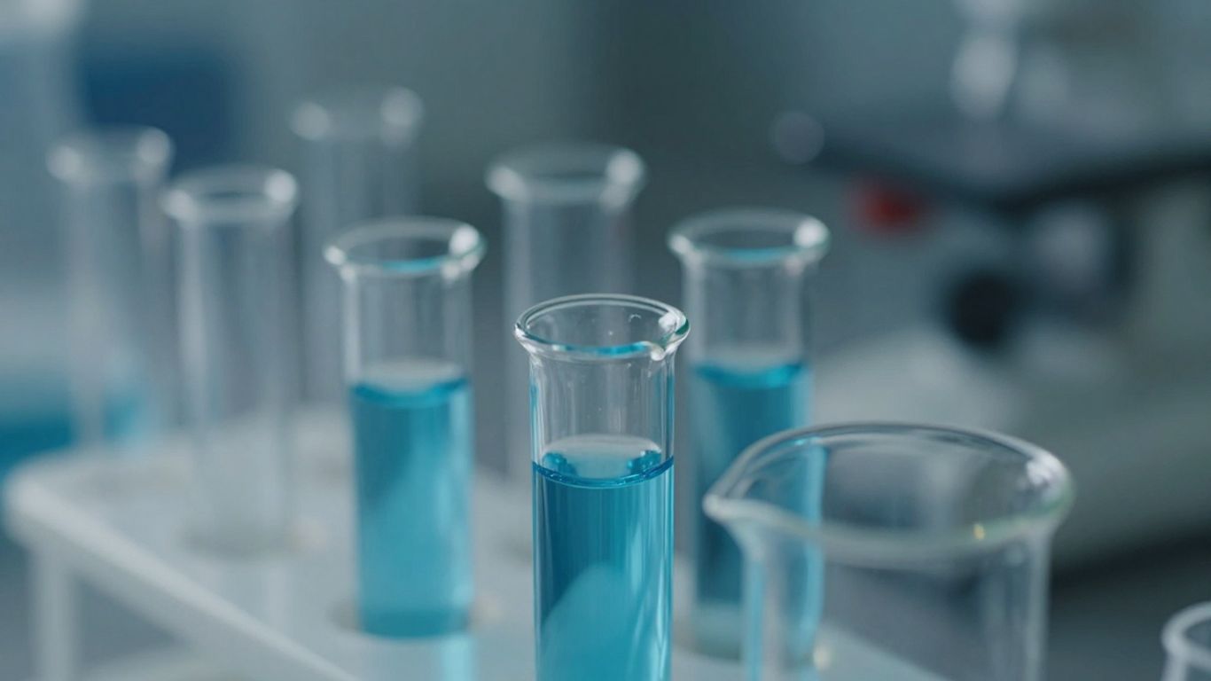 Laboratory equipment with glowing blue liquid.