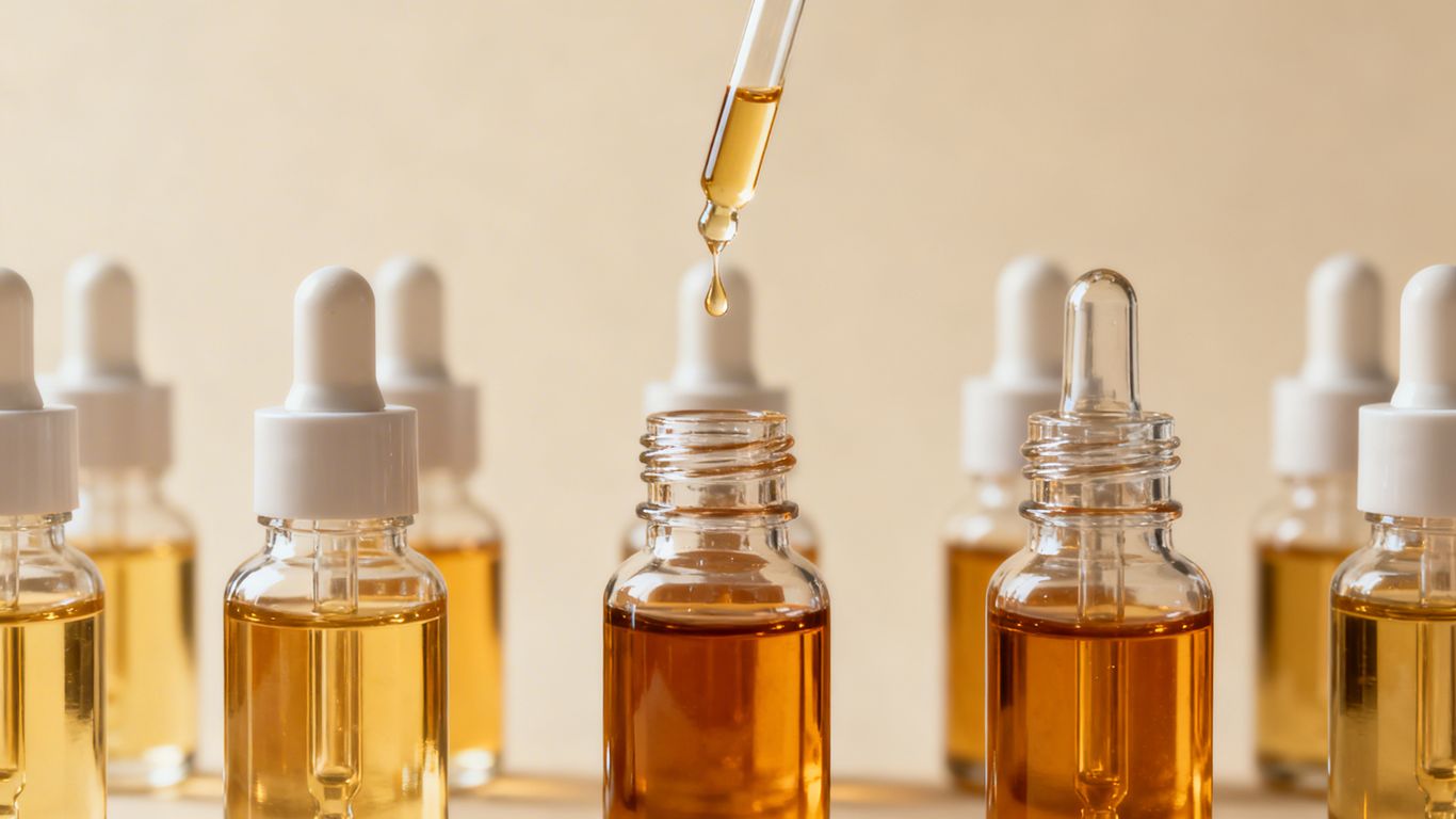 Bottles of liquid SARMs on a neutral surface.