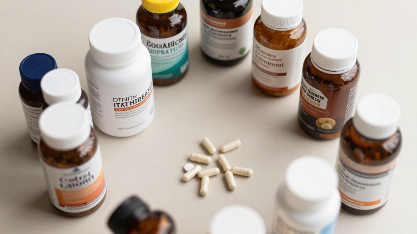 Supplement bottles and capsules on a neutral surface.