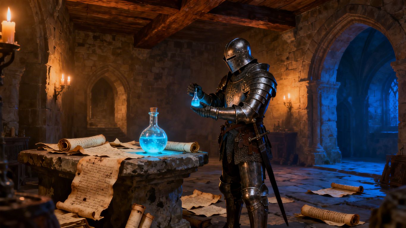 Knight examining a glowing vial in a medieval setting.