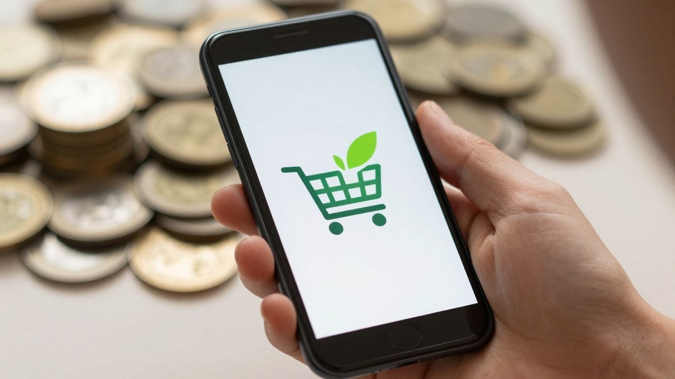 Person holding phone with shopping cart icon, coins, and leaf.