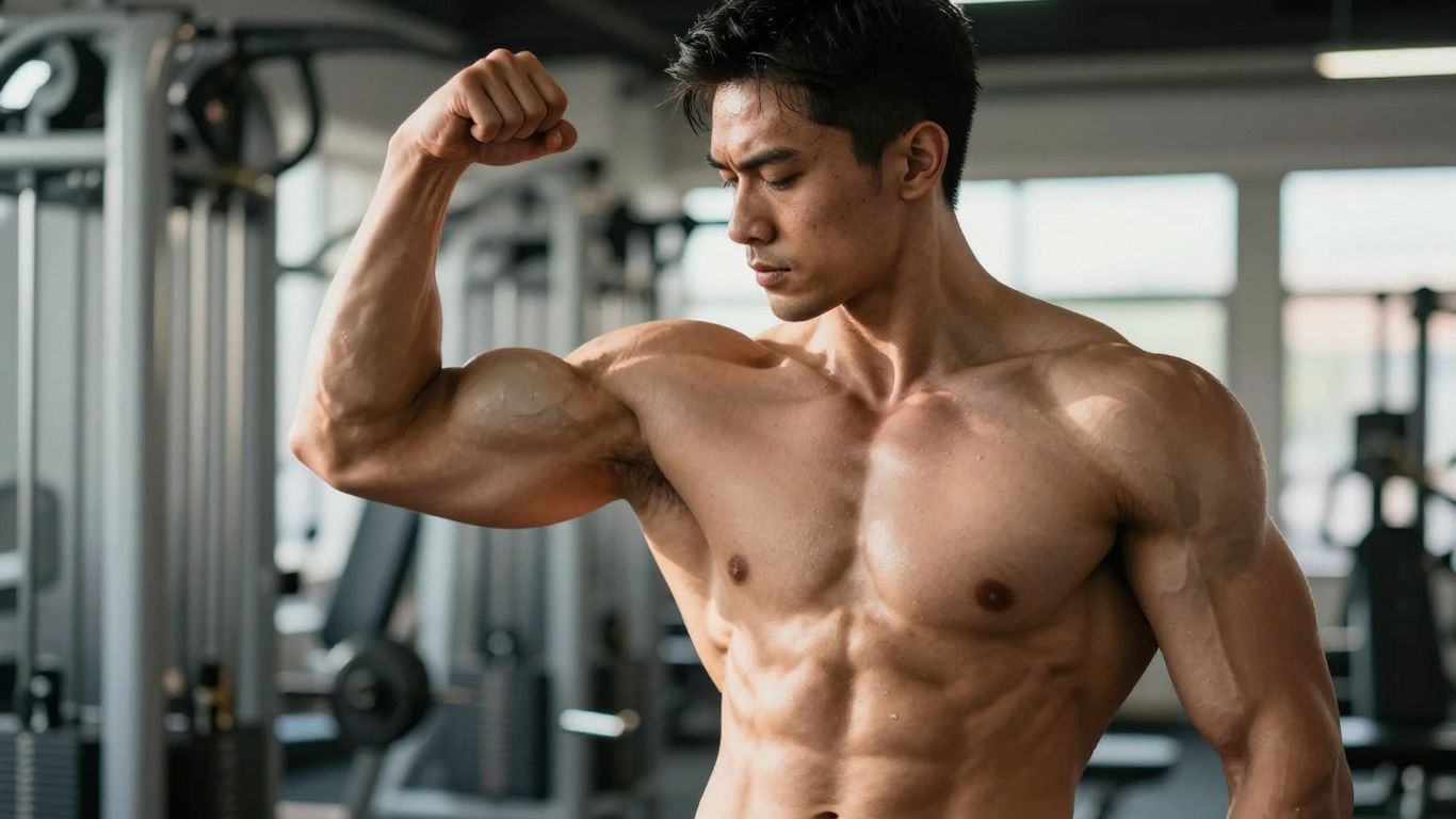 Muscular man flexing in a sunlit gym.